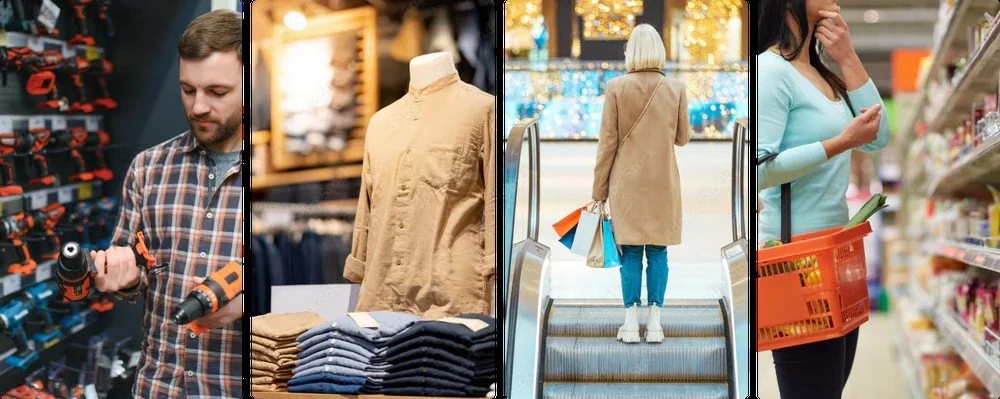 A collage of four images showing different shopping activities: a man shopping for power tools in a hardware store, a mannequin with folded clothes in a clothing store, a woman carrying shopping bags on an escalator in a shopping mall, and a woman shopping for groceries in a supermarket.