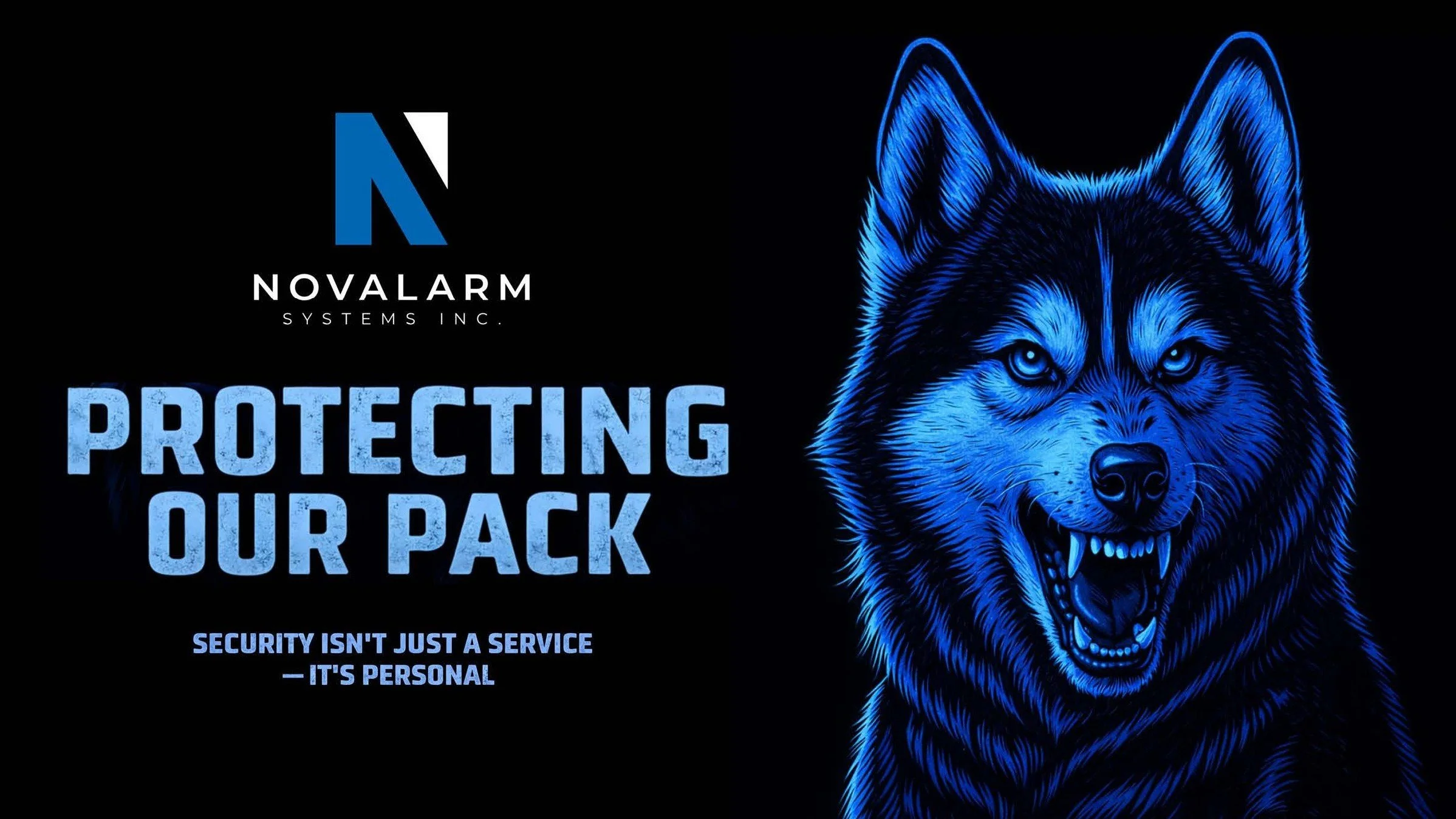 Dark-themed graphic with a stylized blue and black wolf face on the right, the Novalarm logo on the left, and text saying 'Protecting Our Pack' and 'Security isn't just a service – it's personal'.