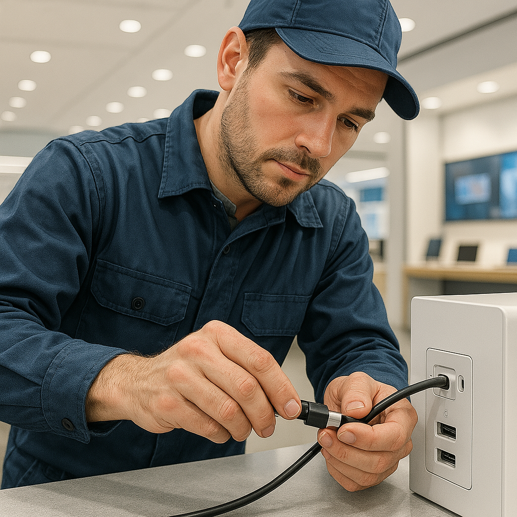 Young man in a blue uniform and cap is plugging a power cable into a white charging station in an electronics store.
