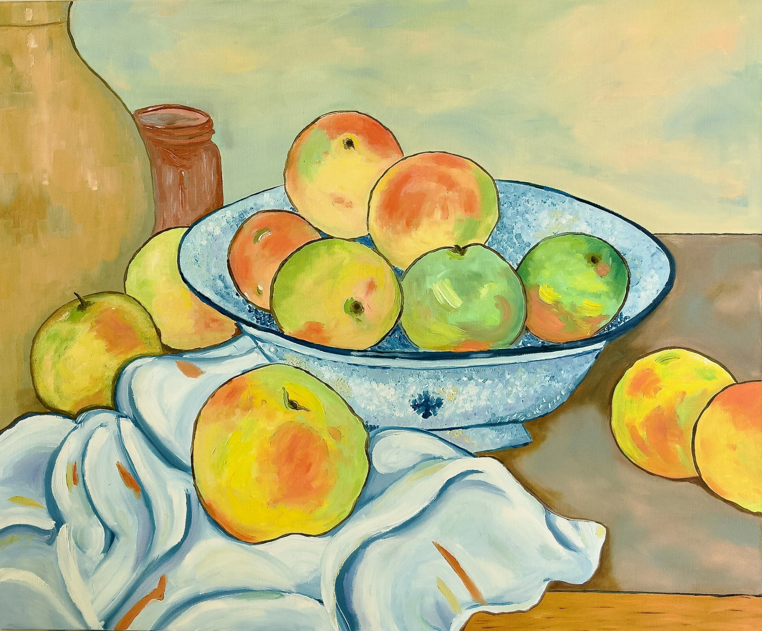 Still life painting of apples in a blue bowl on a brown surface with some apples and a white cloth.