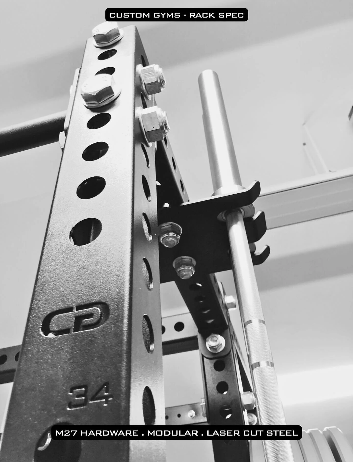 Rack Specs:
&bull; 75x75mm Uprights
&bull; 11-Gauge Steel (3mm thick)
&bull; Laser-Cut Numbered Holes
&bull; Modular Design
&bull; Custom Logo Name Plates
&bull; Matte Black Powder Coat Finish
&bull; M27 Hardware
&bull; Optional Attachments: J-Hooks,