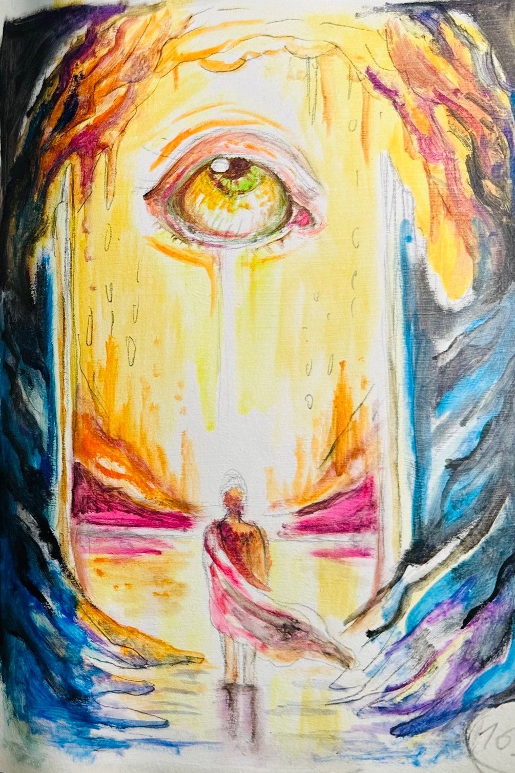 A colorful watercolor painting depicting a large eye with a tear, a woman's face outline, and a small figure near the bottom, against a vibrant background with shades of yellow, orange, pink, blue, and purple.