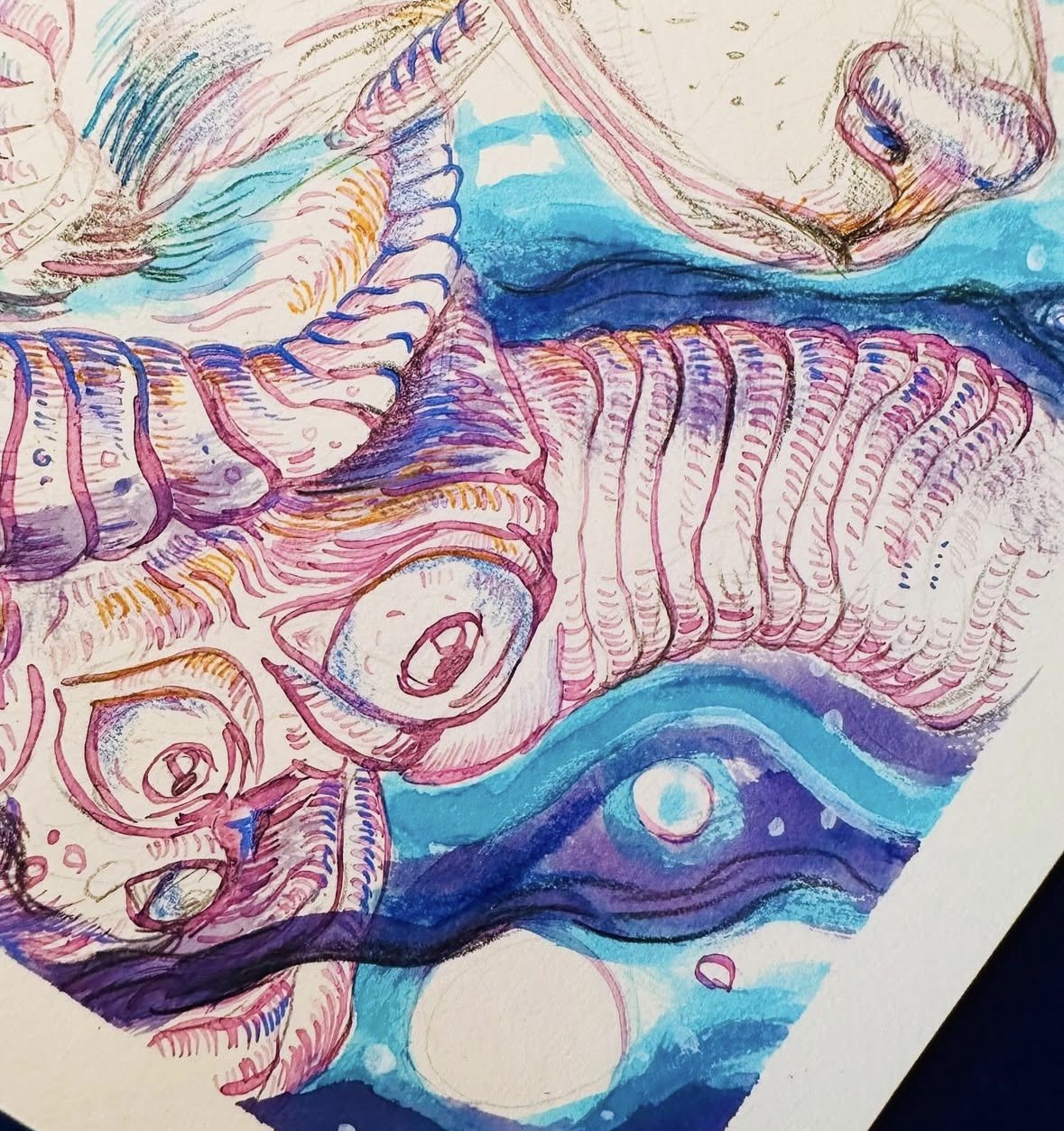 Abstraktes künstlerisches Bild mit bunten Linien und Formen in Blau, Lila, Pink und Orange, das an eine Fantasiewelt erinnert.