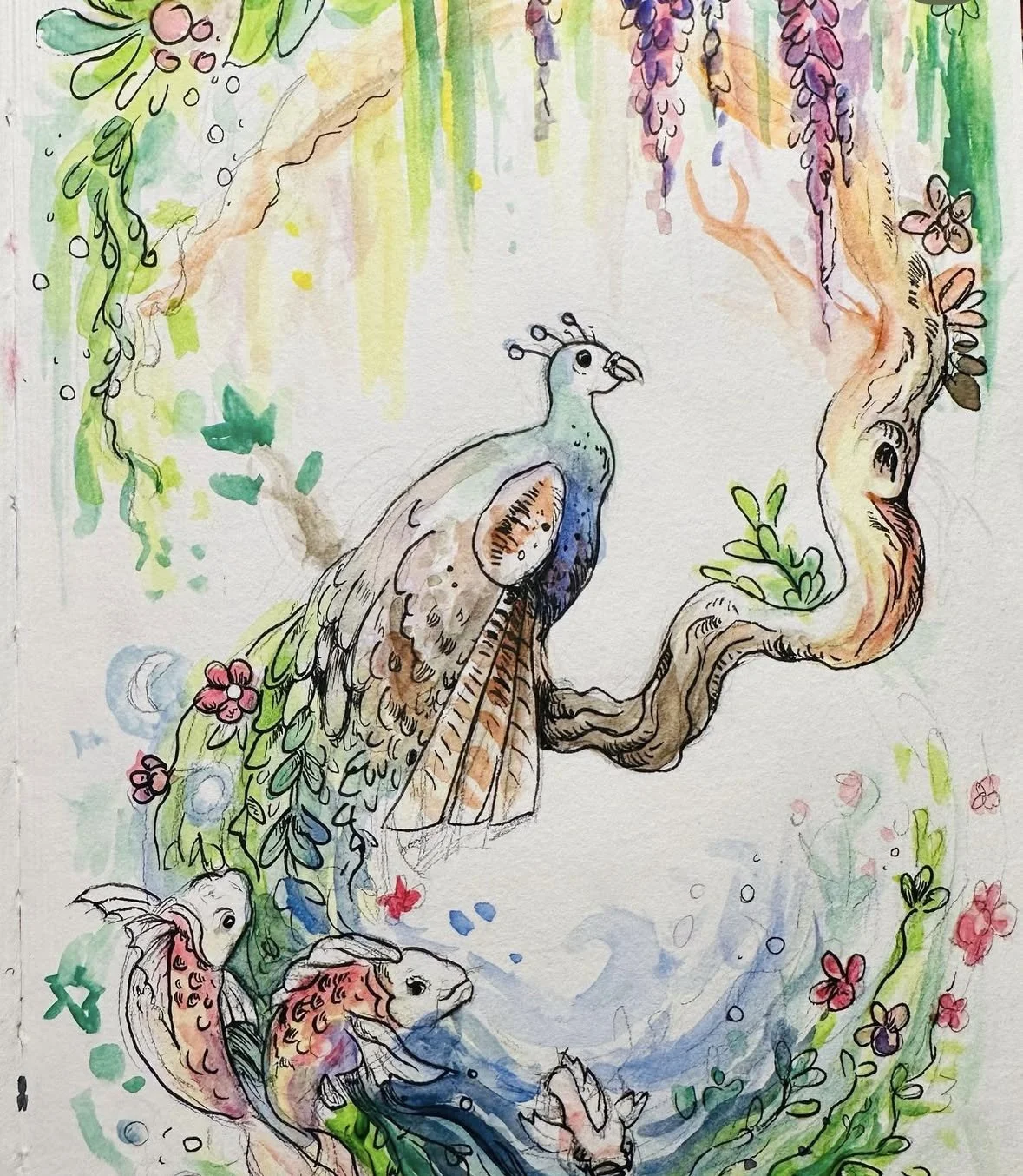 Aquarell-zeichnung eines Phönix, umgeben von Blumen und grünen Zweigen, in einer fantasievollen, farbenfrohen Szene.