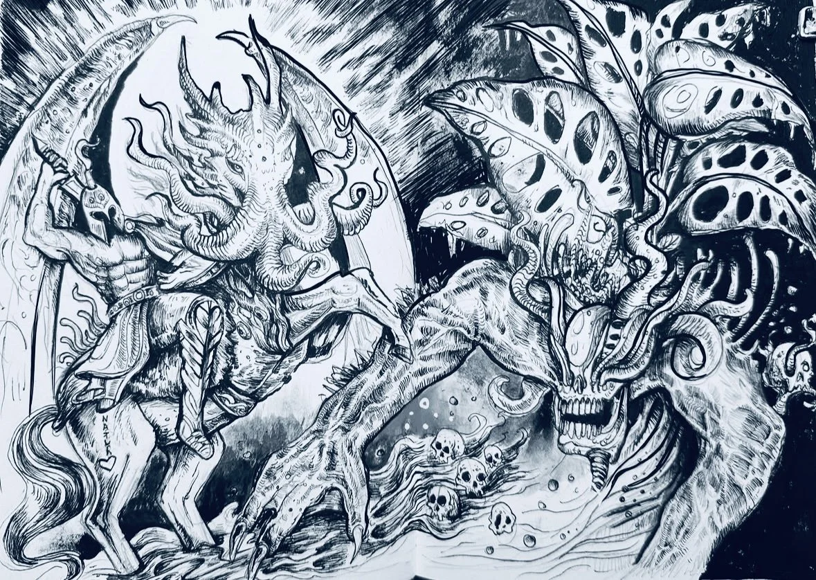 Schwarze und weiße detaillierte Illustration eines mythologischen Kampfes zwischen einem Einhorn und einem Tentakel-bewachsenen Monster, umgeben von Totenschädeln.