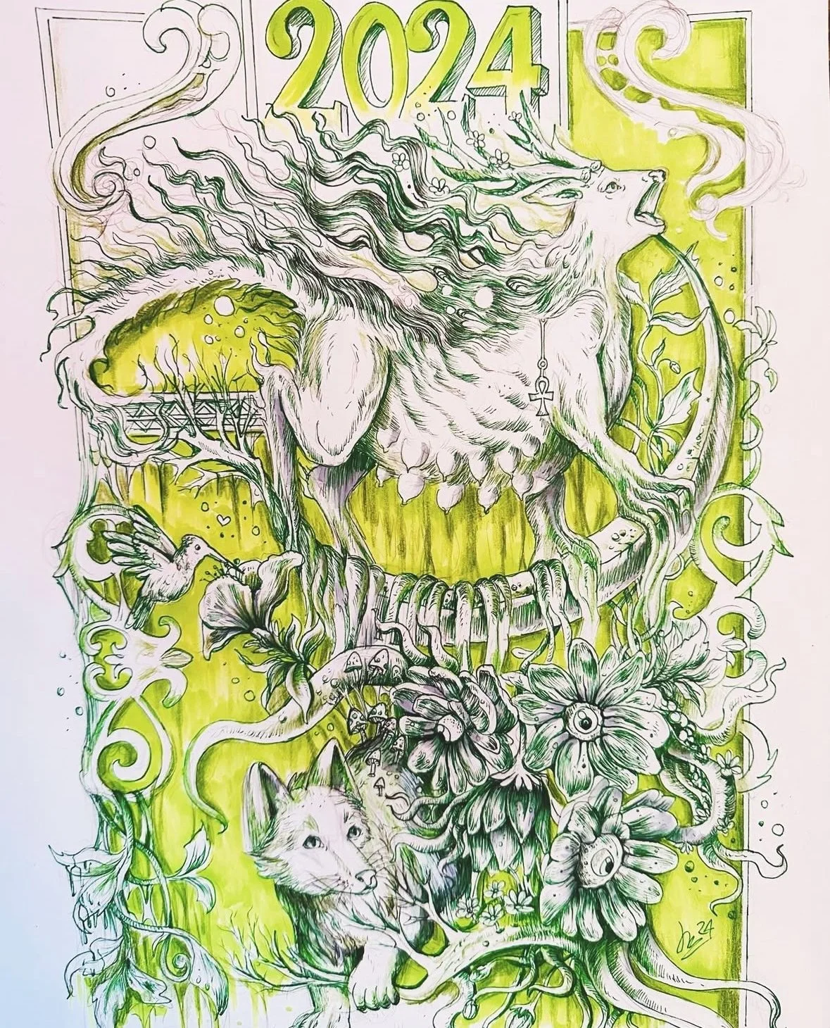 Ein künstlerisches Black-and-White-Zeichnung mit grüner Akzentfarbe, die ein mythologisches Wesen mit Löwenkopf, Flügeln und umwachsener Natur zeigt, umgeben von Blumen, Vögeln und Tieren, mit der Jahreszahl 2024 oben.