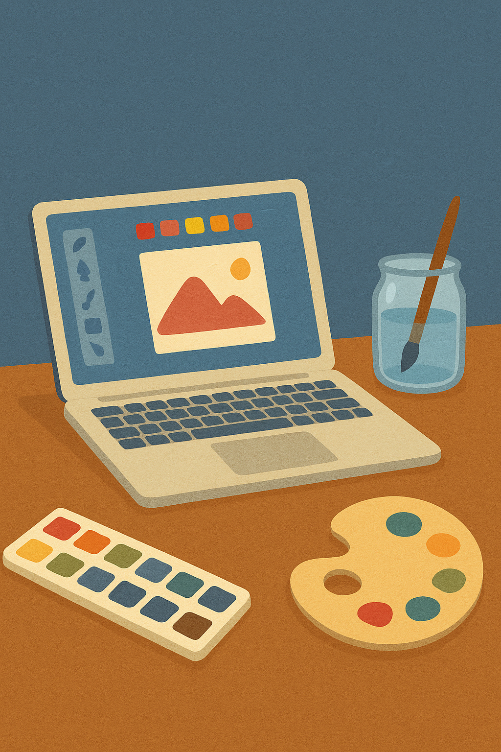 Ein Laptop, eine Wasserfarbe-Palette, einen Pinsel in einem Wasserglas und eine Malpalette. Was gibt es besseres als kreativ zu werden.