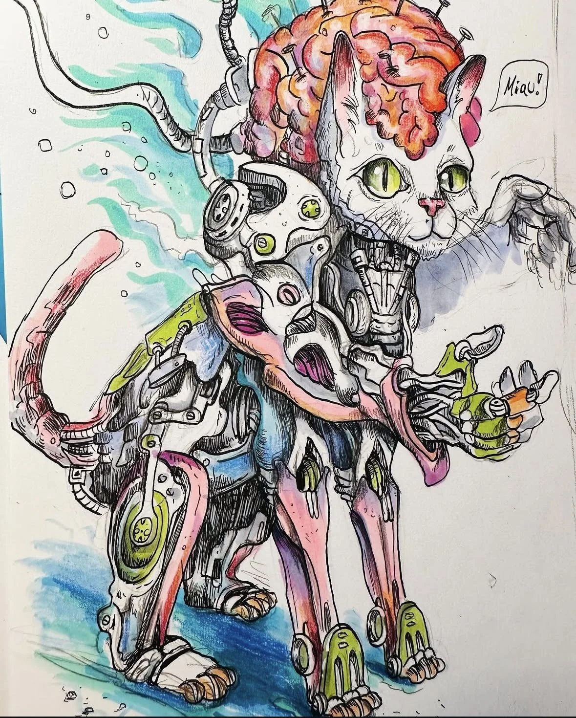 Kunstvolles Bild eines Mischwesens aus Roboter und Katze, mit menschlichen und tierischen Elementen, elektronischer Technologie, Wasser und Farben. Katze spricht 'Miau!'.
