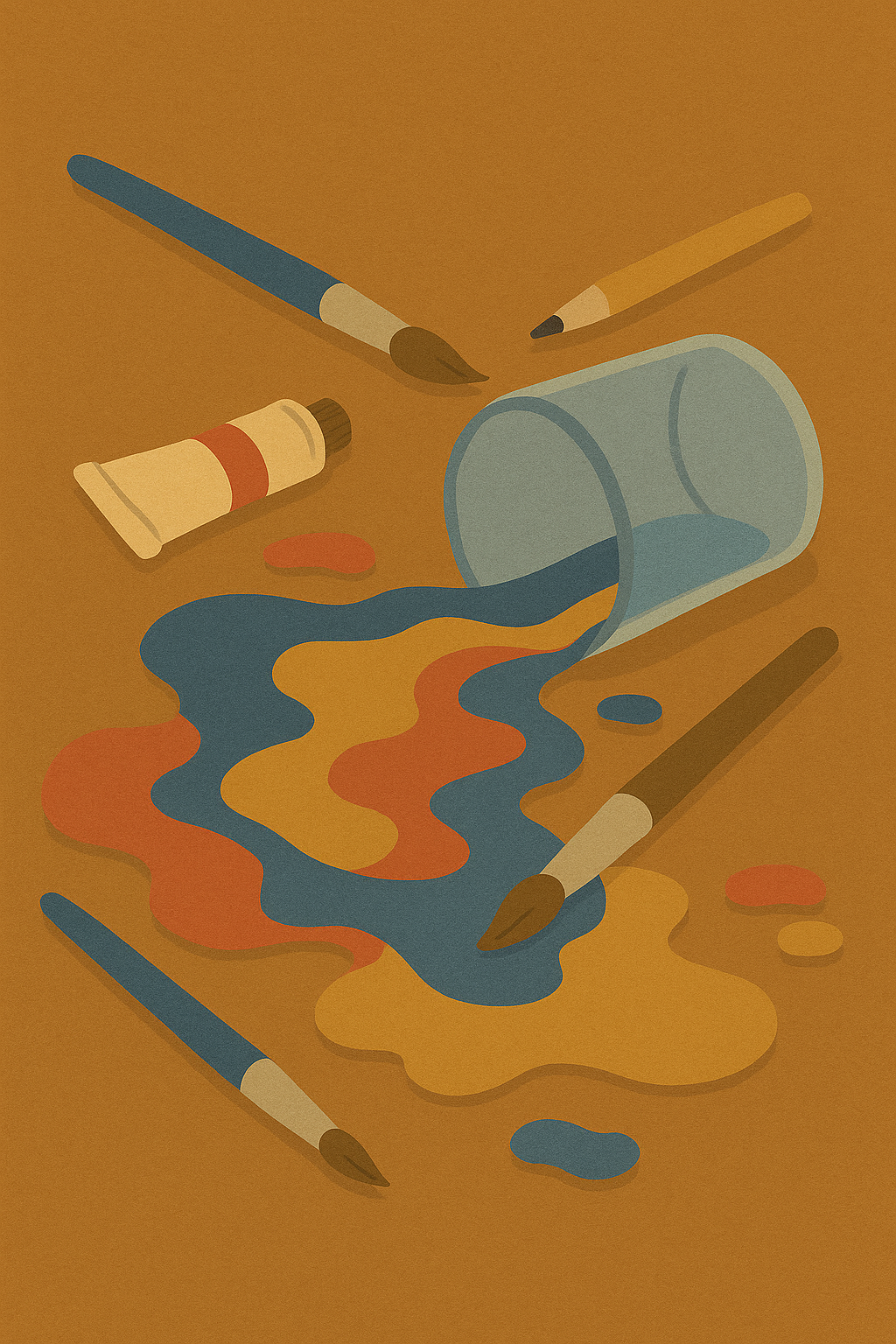 Ein umgestürztes Glas, das Farbe und mehrere Pinsel sowie eine Tube Malfarbe auf einem braunen Tisch verschüttet hat.