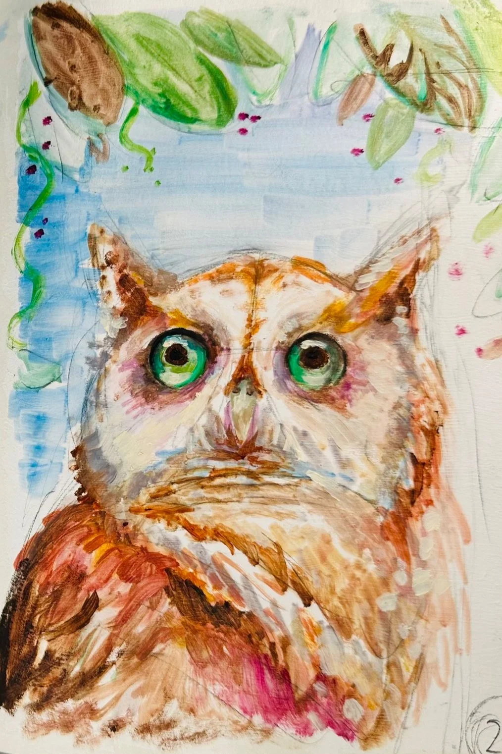 A watercolor painting of a cat with large green eyes and orange-brown fur, surrounded by green leaves and branches.