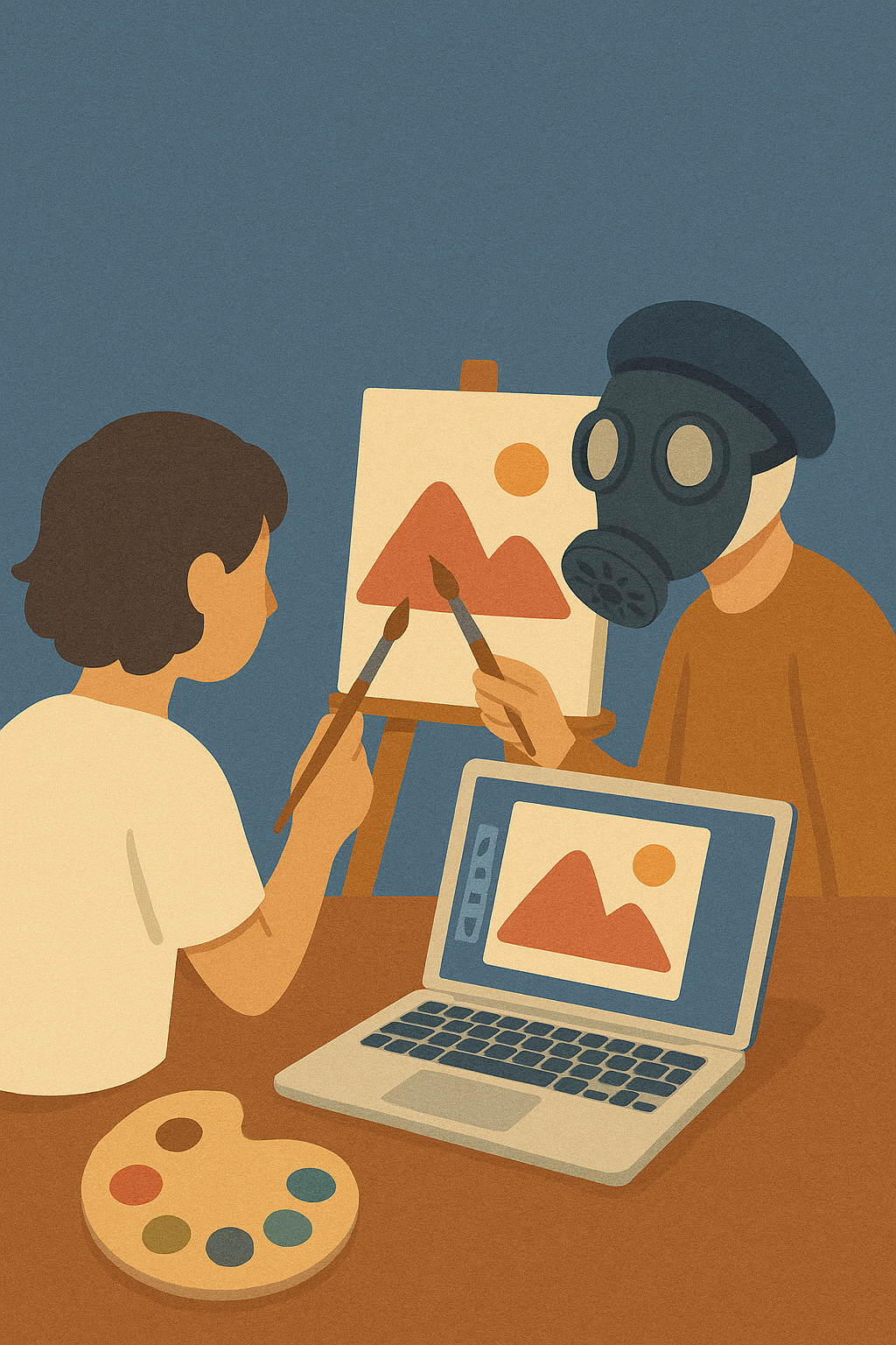 Eine Person mit Gasmaske hilft einer anderen Person bei einem Malprojekt von Bergen und Sonne auf einer Leinwand, während ein Laptop mit einem ähnlichen Bild daneben steht, und eine Malpalette im Vordergrund liegt.