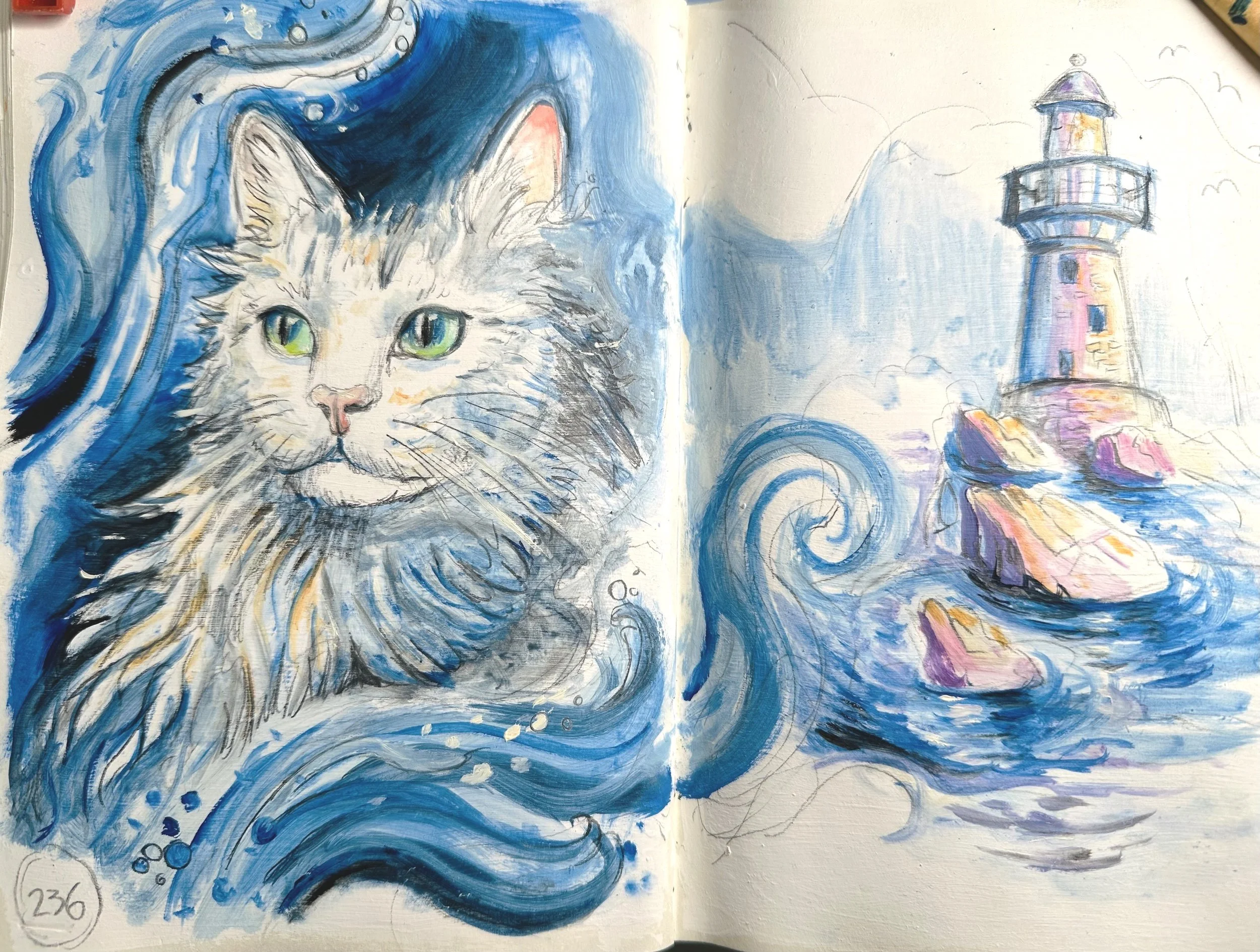 A watercolor painting of a cat on the left side with green eyes and a lighthouse on the right side on a rocky coastline, with swirling waves.