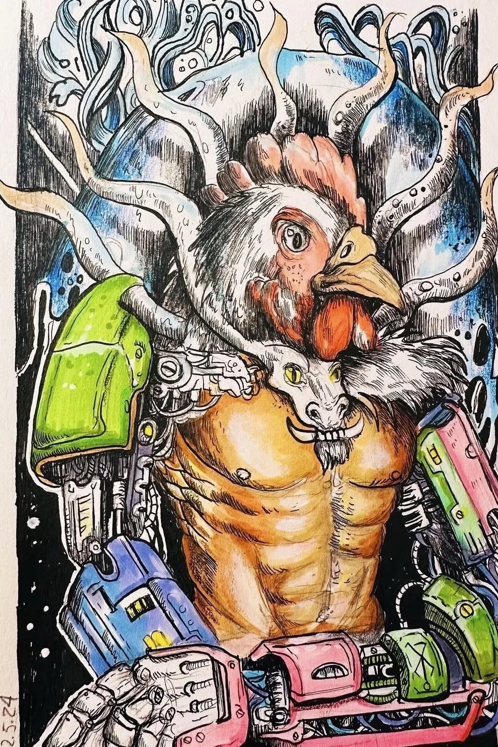 Ein futuristischer, humanoider Käfer mit einem menschlichen Oberkörper und mechanischen Armen, umgeben von farbigen technischen Komponenten, in einem comicartigen Stil.