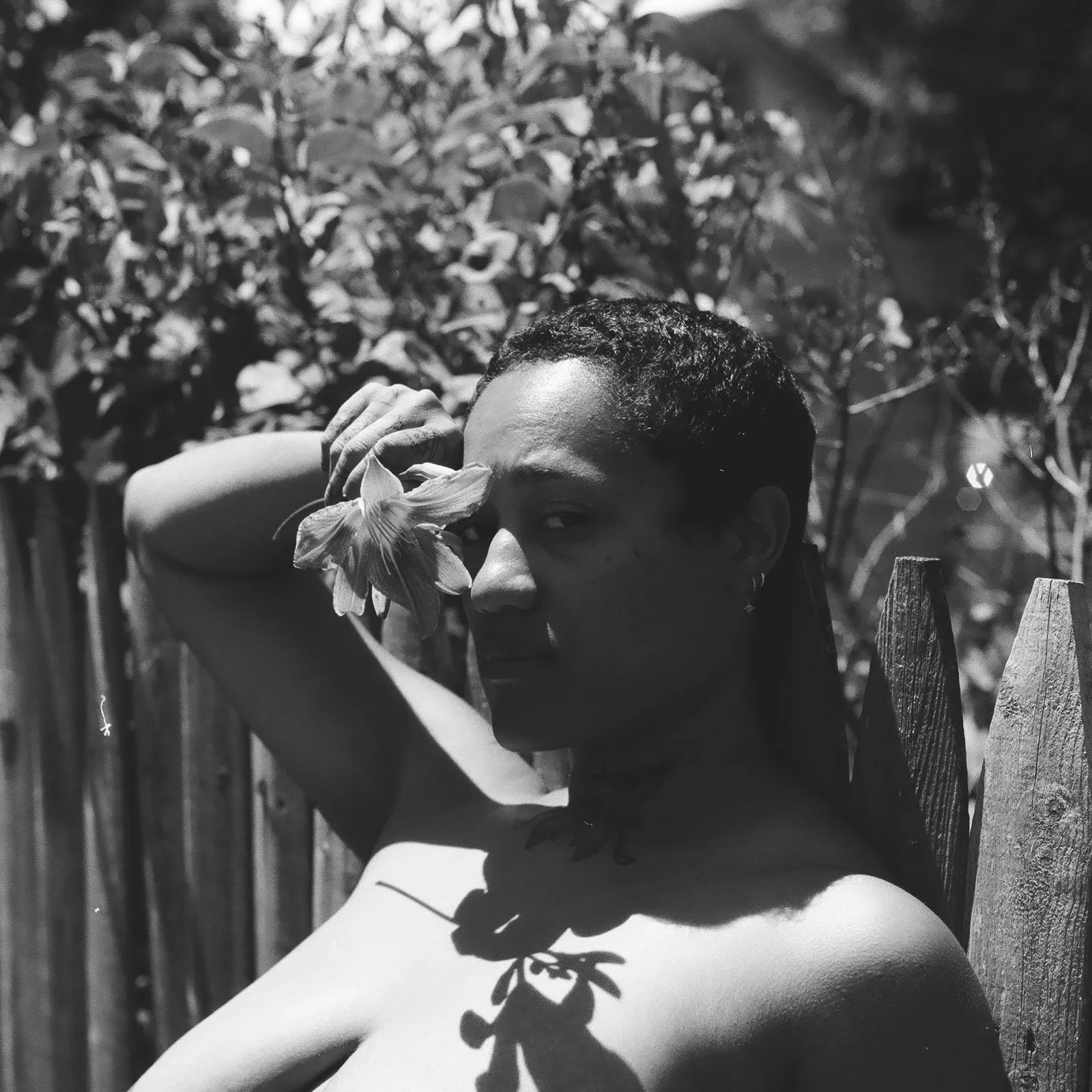 A black and white photo of a woman with short hair holding a flower over her eye, sitting outdoors by a wooden fence with vines in the background.