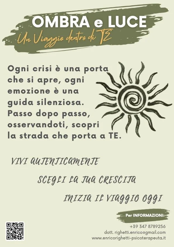 Un volantino con sfondo verde chiaro, intitolato "OMBRA e LUCE" con sottotitolo "Un Viaggio dentro di TE". Include un disegno stilizzato di un sole con un vortice al centro. Il testo incoraggia a vivere autenticamente, scegliere la propria crescita e iniziare il viaggio interiore. Presenta anche un codice QR e i contatti di un terapeuta.