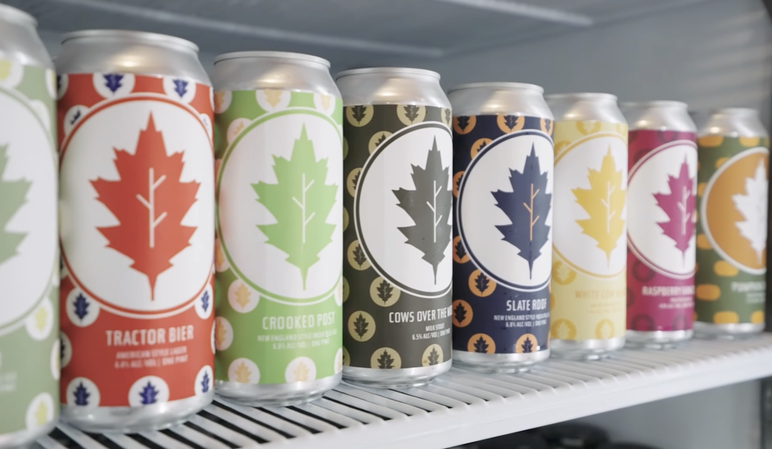 A row of colorful canned beverages with a leaf logo, displayed on a white shelf.