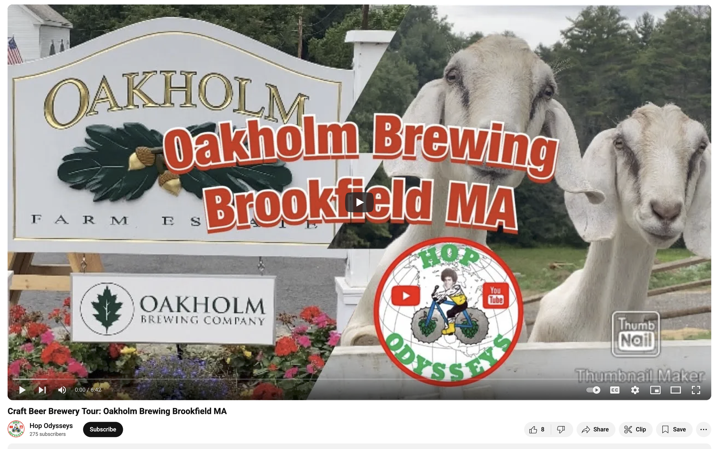 Sign for Oakhom Brewing Farm in Brookfield, Massachusetts, with two goats standing in front of a farm and brewery sign with flowers at the base. Overlay text includes the brewery name, location, and the Hop Odysseys logo with a cartoon figure riding a hop cone on a bicycle.