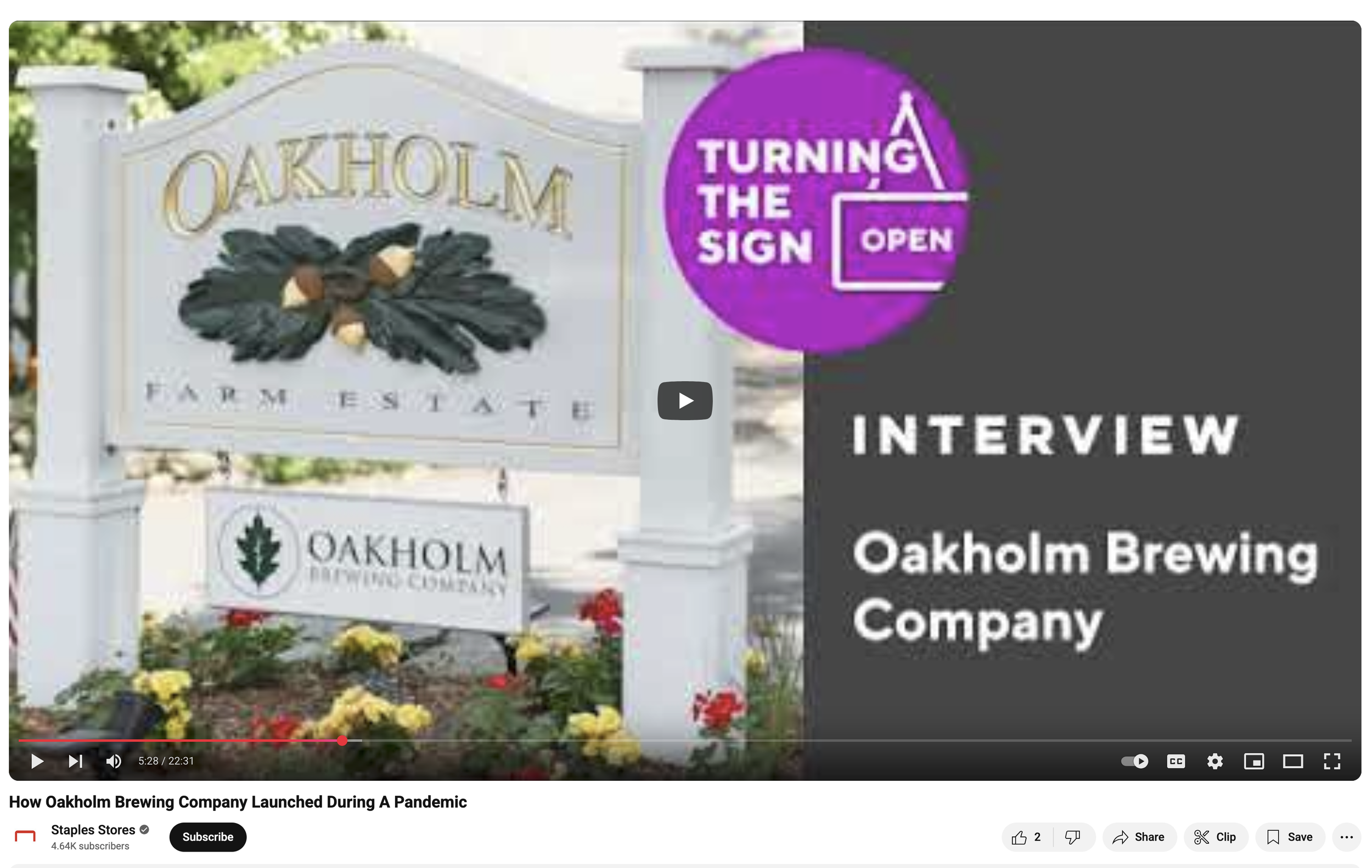 Image showing a sign for Oakholm Brewing Company with a carved botanical emblem, surrounded by flowers. Overlayed with a purple circle and white text reading 'Turning the Sign Open' and an interview title with Oakholm Brewing Company.