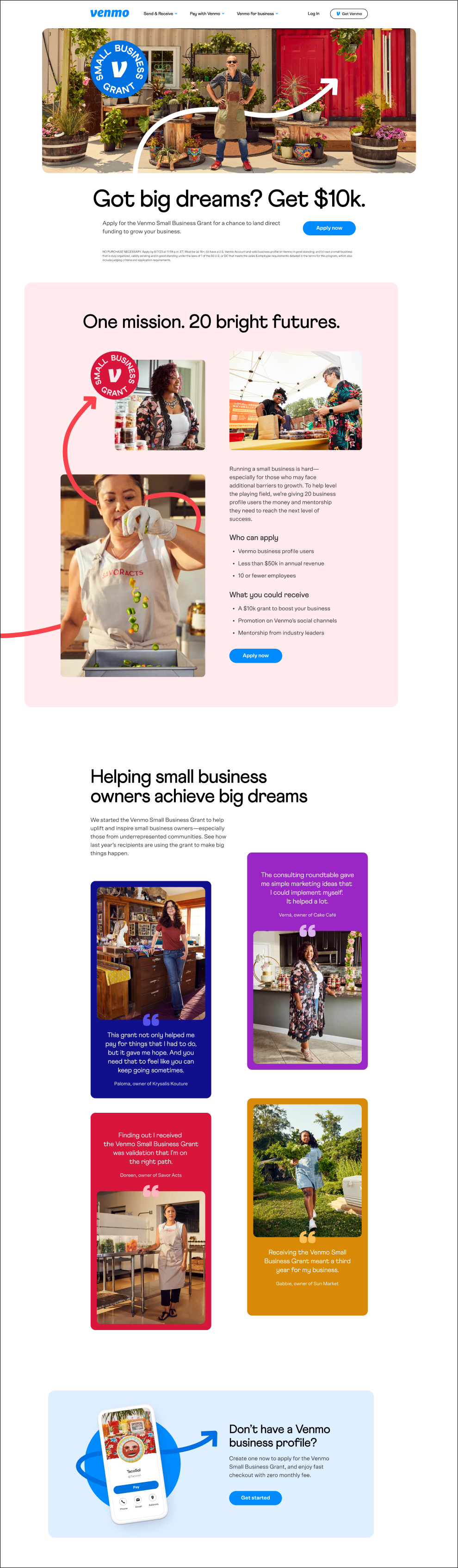 Landing page with grant application form.