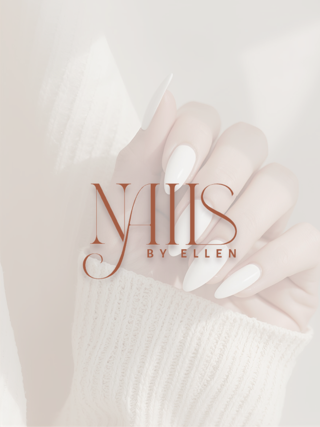 Close-up of a person's hand with long white artificial nails, wearing a cream-colored knit sweater, with the text 'Nails by Ellen' overlaid.