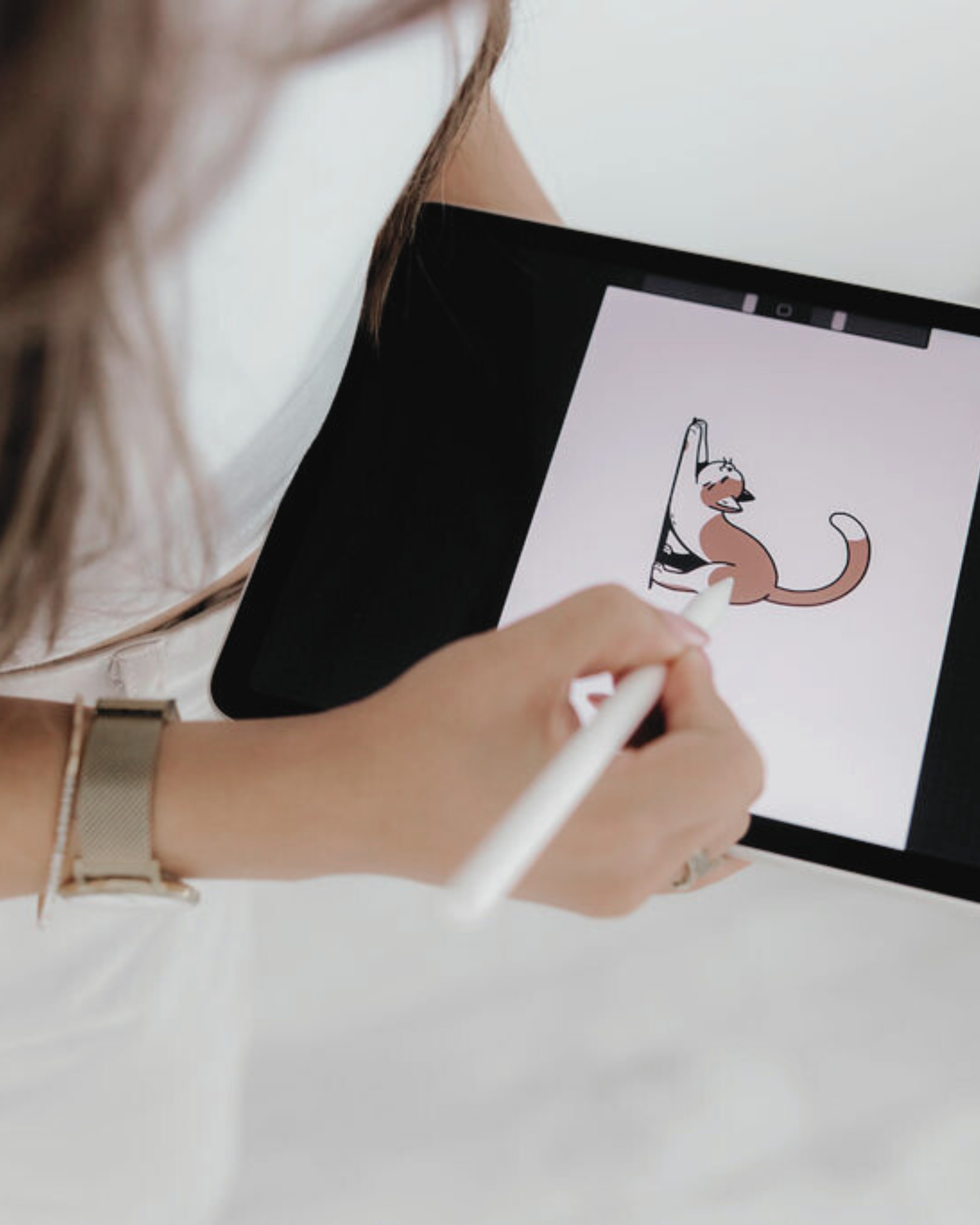 Person drawing a cartoon-style animal, possibly a ferret or similar, on a digital tablet with a stylus.
