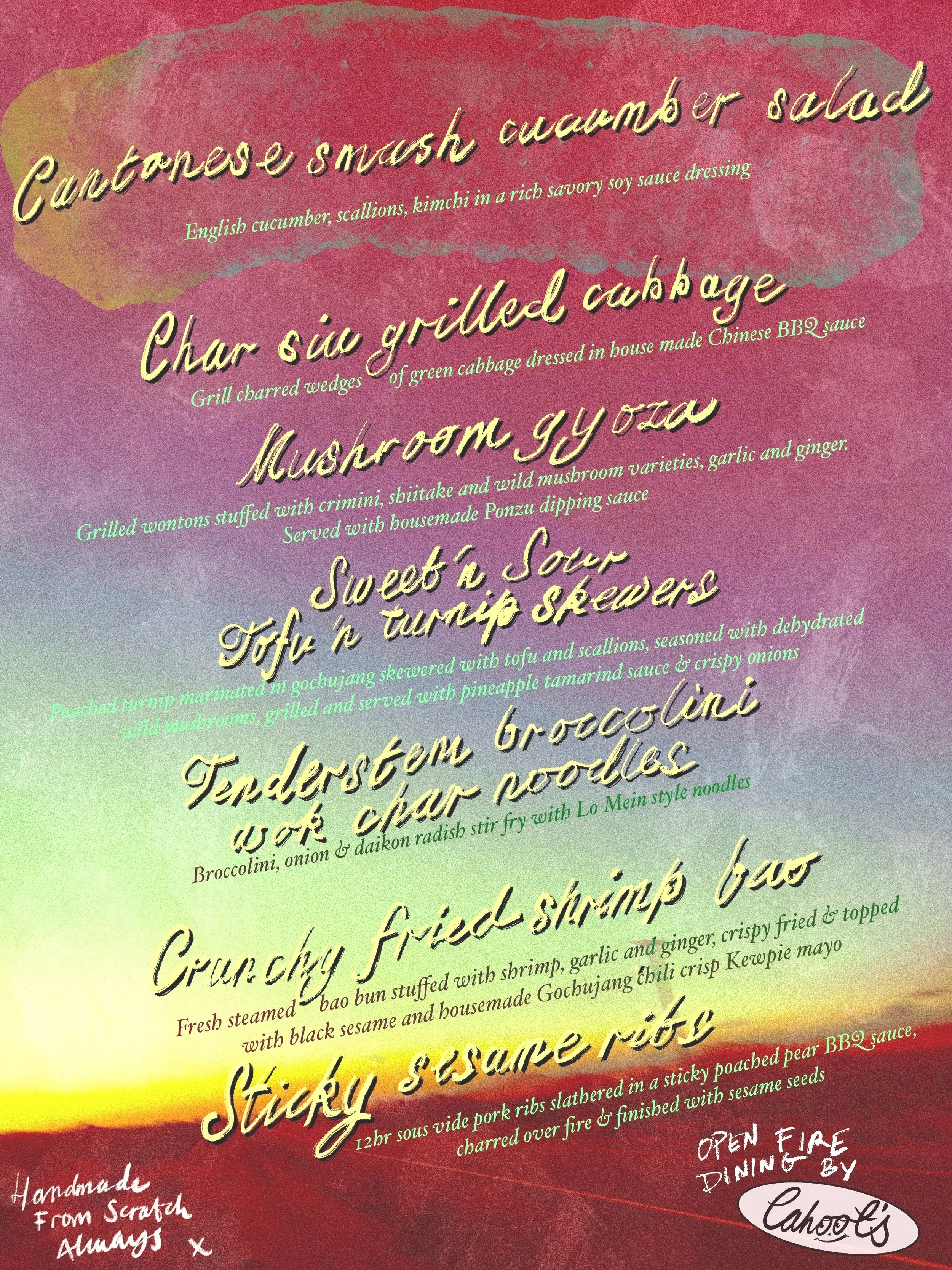Menu featuring Asian-inspired dishes including cucumber and kimchi salad, grilled cabbage, mushroom yuzu, tofu and turnip skewers, broccolini and char noodles, crispy fried shrimp boa, and sticky ssaem rice, with handwritten notes about ingredients a