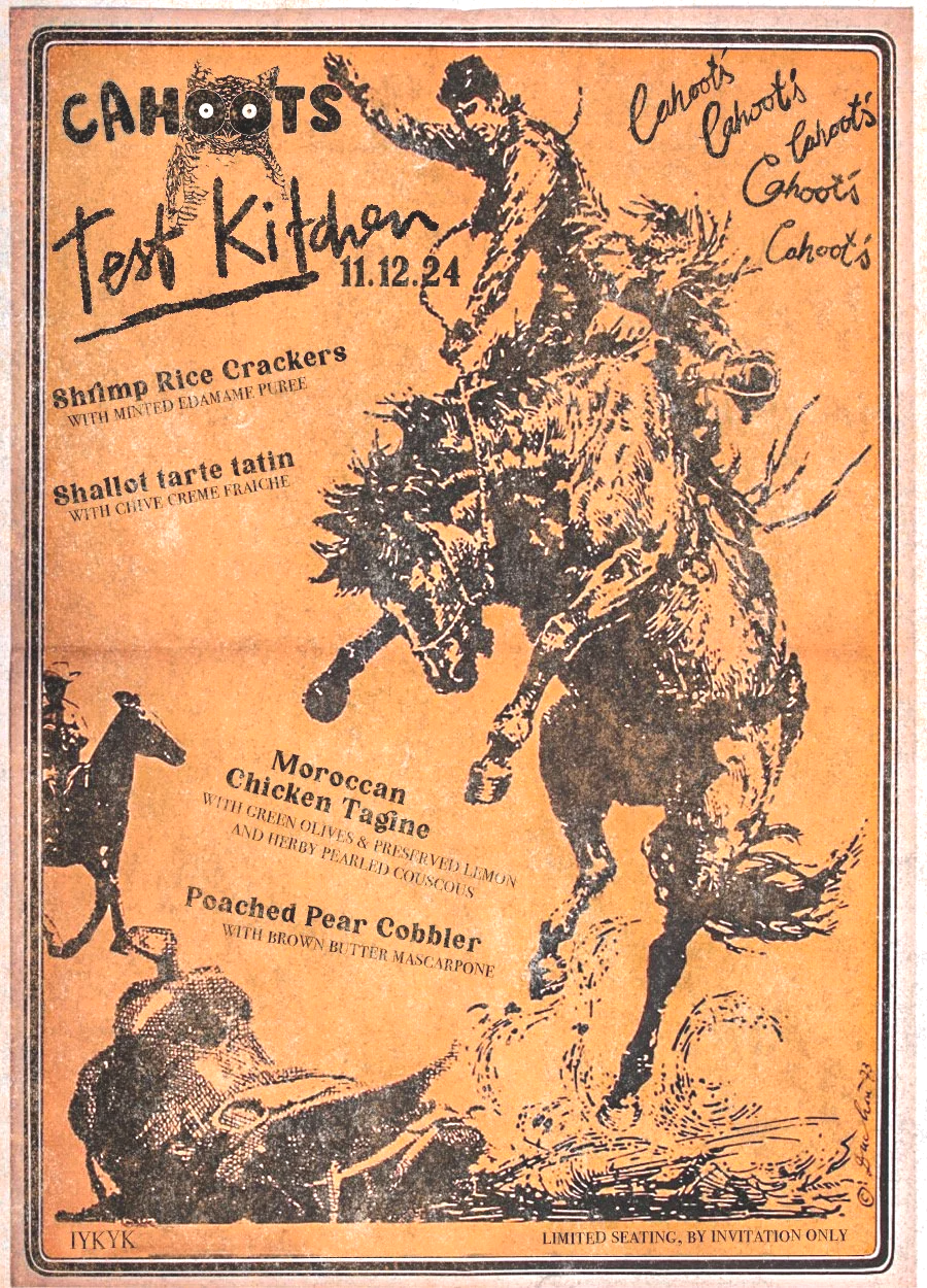 Vintage style menu for the first Cahoot's test kitchen, featuring a person riding a bucking horse, with handwritten annotations and a list of dishes such as shrimp rice crackers, shallot tarte tatin, Moroccan chicken tagine, and poached pear cobbler.