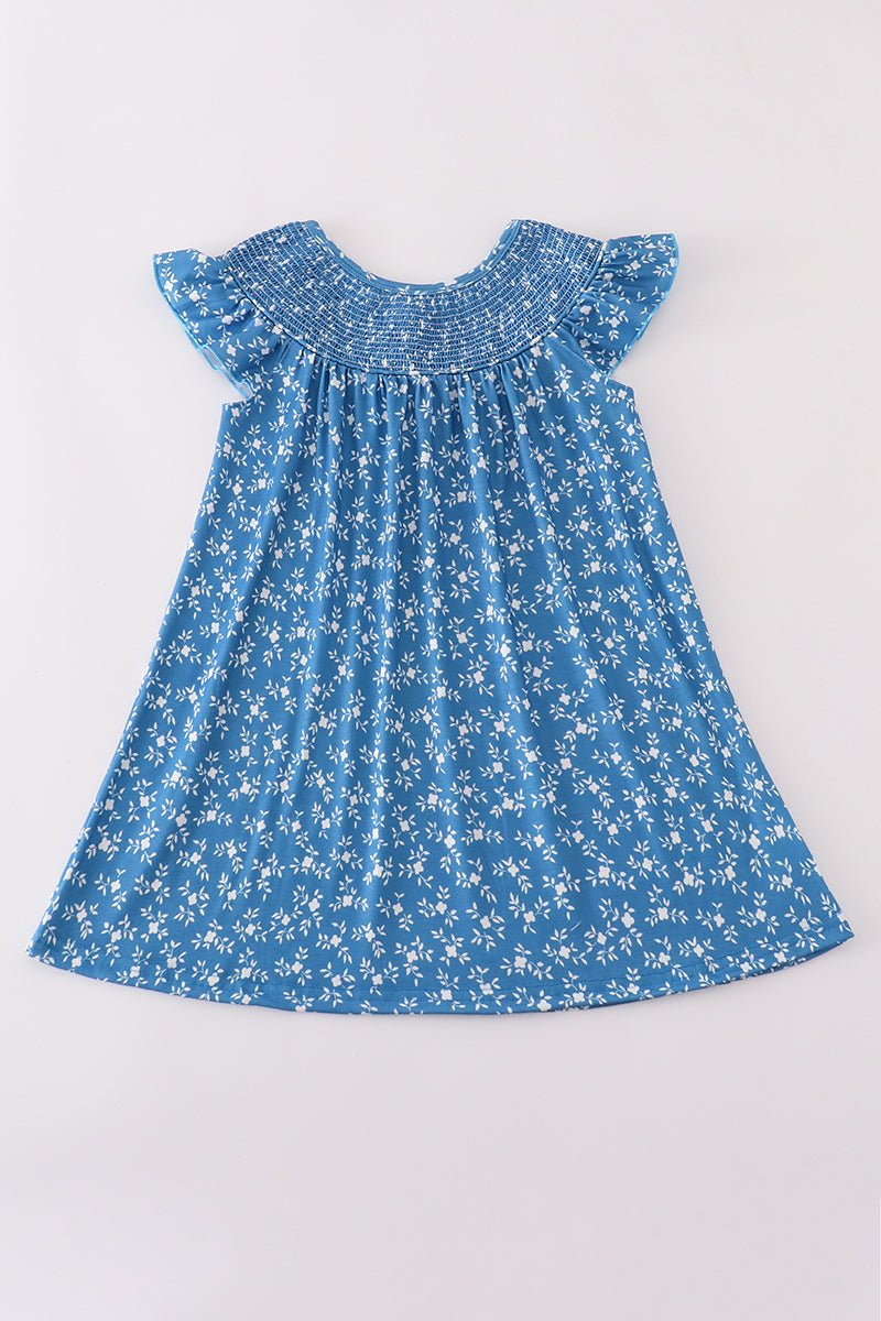 BLUE FLORAL SMOCKED DRESS