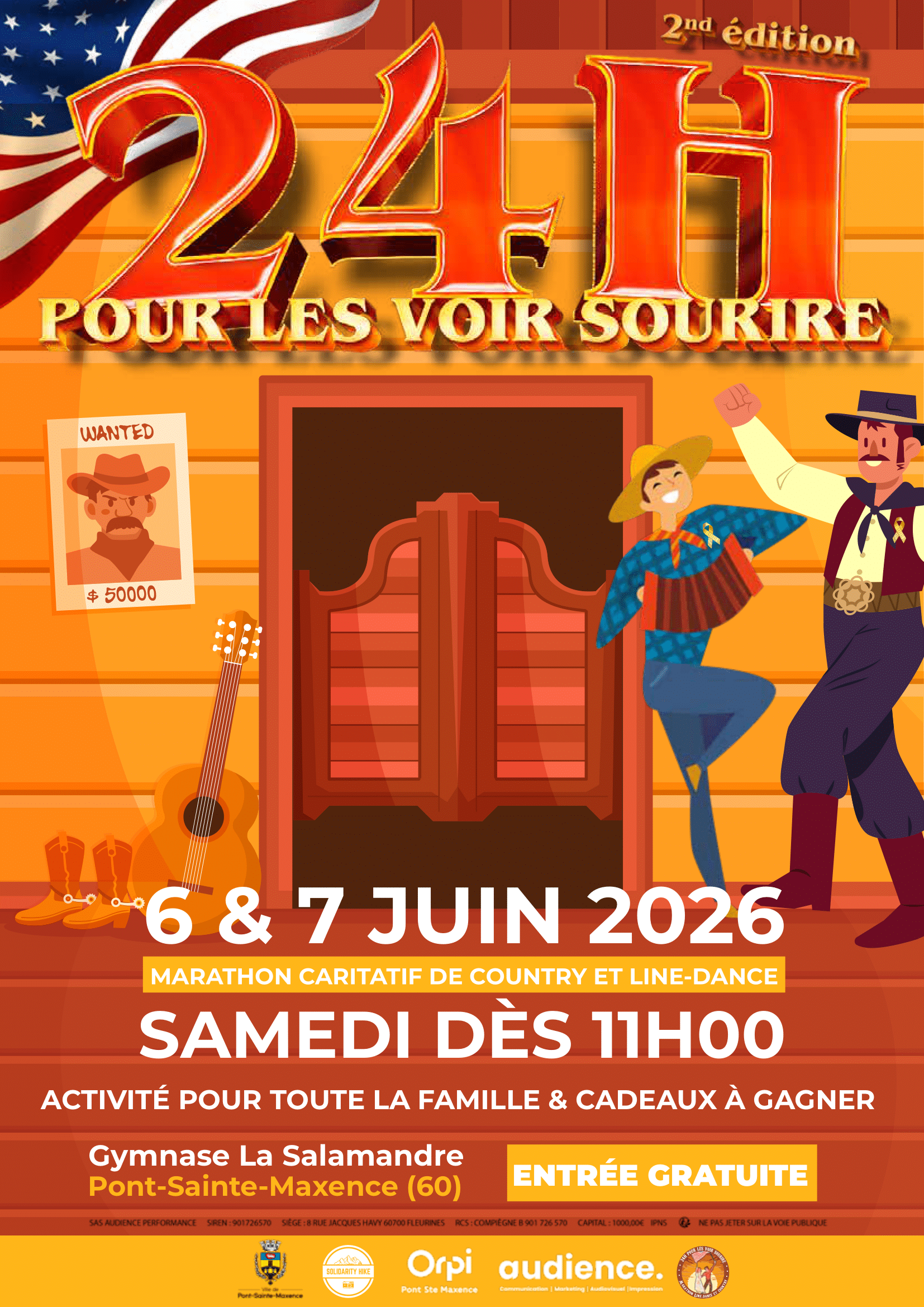 Flyers de la deuxième édition des "24h pour les voir sourire" ayant lieu à Pont-Sainte-Maxence (Oise) le 6 et 7 juin 2026 au gymnase municipale La Salamandre.
