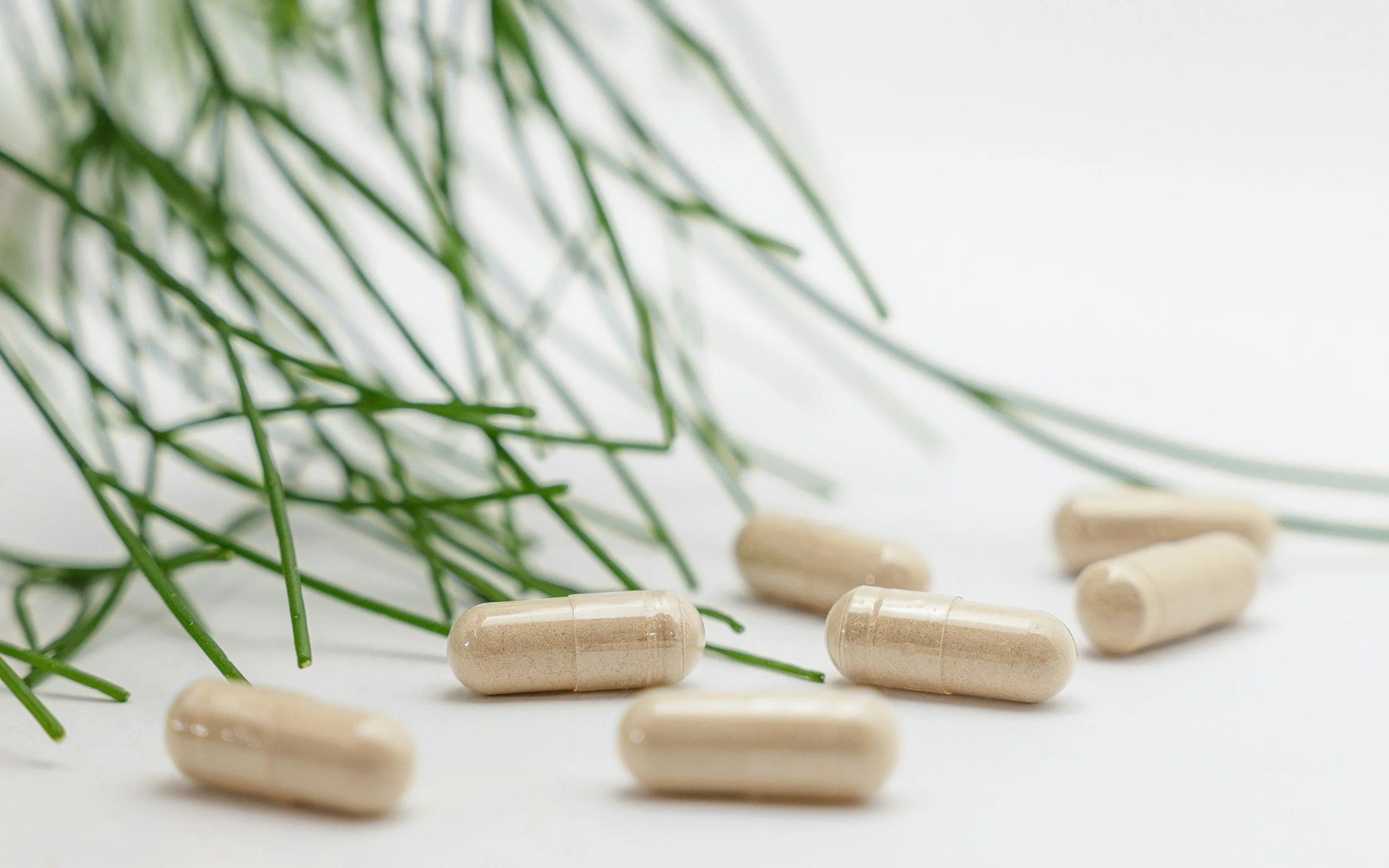 Cream-colored capsules scattered on a white surface with green plant leaves in the background.