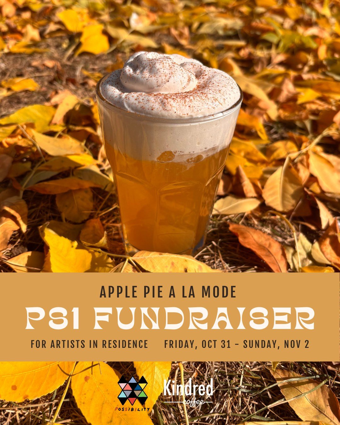 Starting TOMORROW! Try our Apple Pie A La Mode, apple cider with vegan maple cream, available this weekend only🍁 $3 from every drink purchase will paid directly to artists selected through the Public Space One (PS1) gallery team's annual open call f