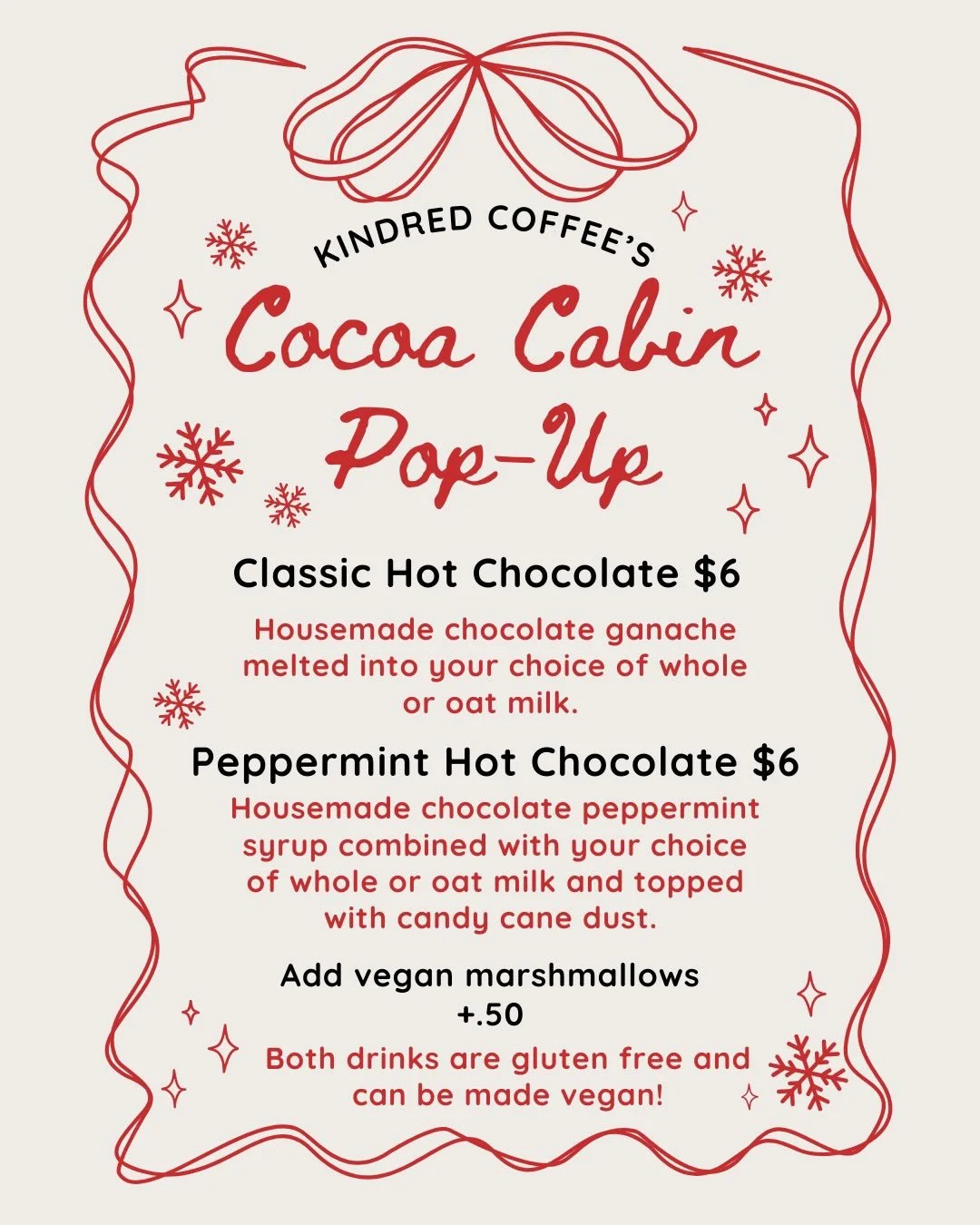 Looking for holiday cheer? 🎄 🎅 ❄️ 

Come see us TONIGHT 12/19 from 5-8pm in the Cocoa Cabin next to the holiday shops in the Ped Mall! We will have two delicious versions of hot cocoa for you ☕️ 

Thanks to @downtowniowacity for inviting us to be a