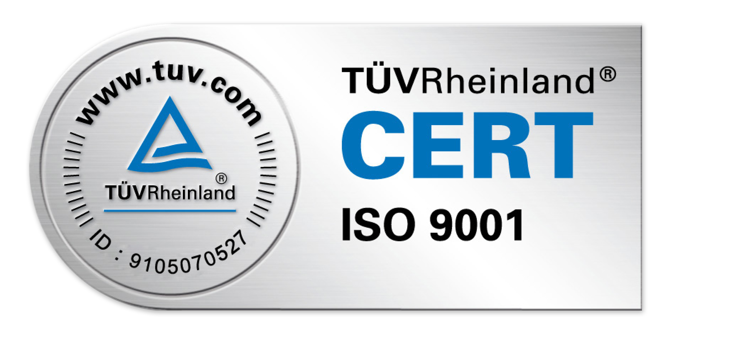 Siegel mit der Webadresse www.tuv.com, TÜV Rheinland Logo, Text 'TÜV Rheinland CERT ISO 9001'.