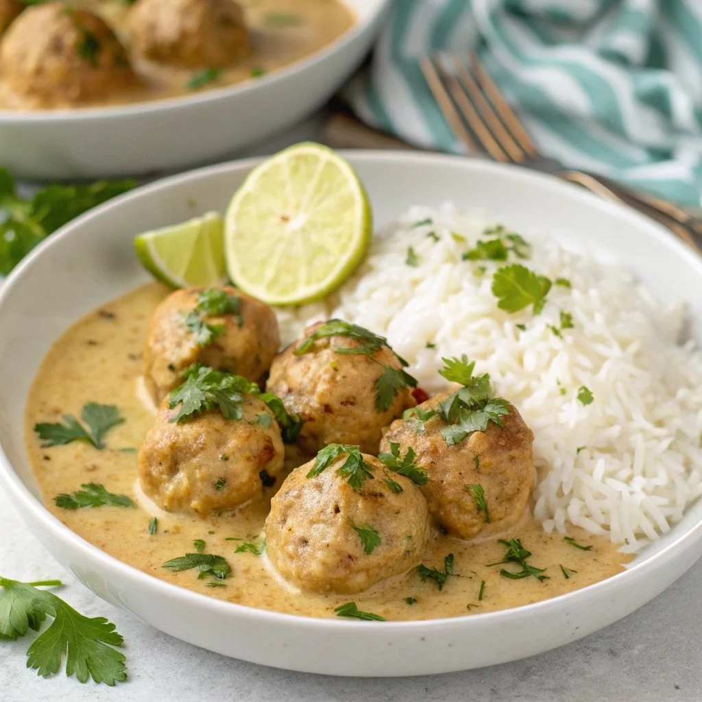 A bowl of meatballs in cream sauce served with white rice and lime wedges garnished with cilantro.