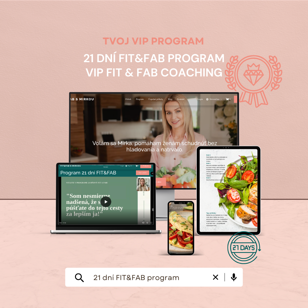 Digital marketing graphic featuring a pink background, promoting a 21-day Fit & Fab Program with a laptop, tablet, and smartphone displaying health and wellness content. Includes text in Slovak language and icons of a diamond and a 21-day badge.