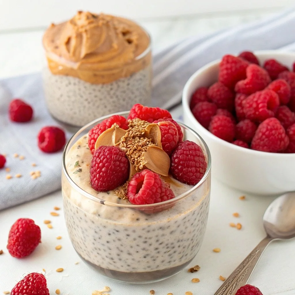 A glass of chia pudding topped with raspberries, peanut butter, and granola, with a bowl of raspberries and a jar of peanut butter in the background.