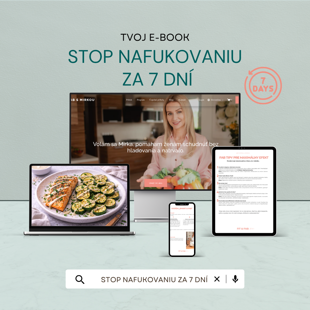 Promotional graphic for a 7-day stop smoking e-book, featuring a computer monitor, a laptop, a tablet, and a smartphone displaying related content, with a light background and text in Slovak.