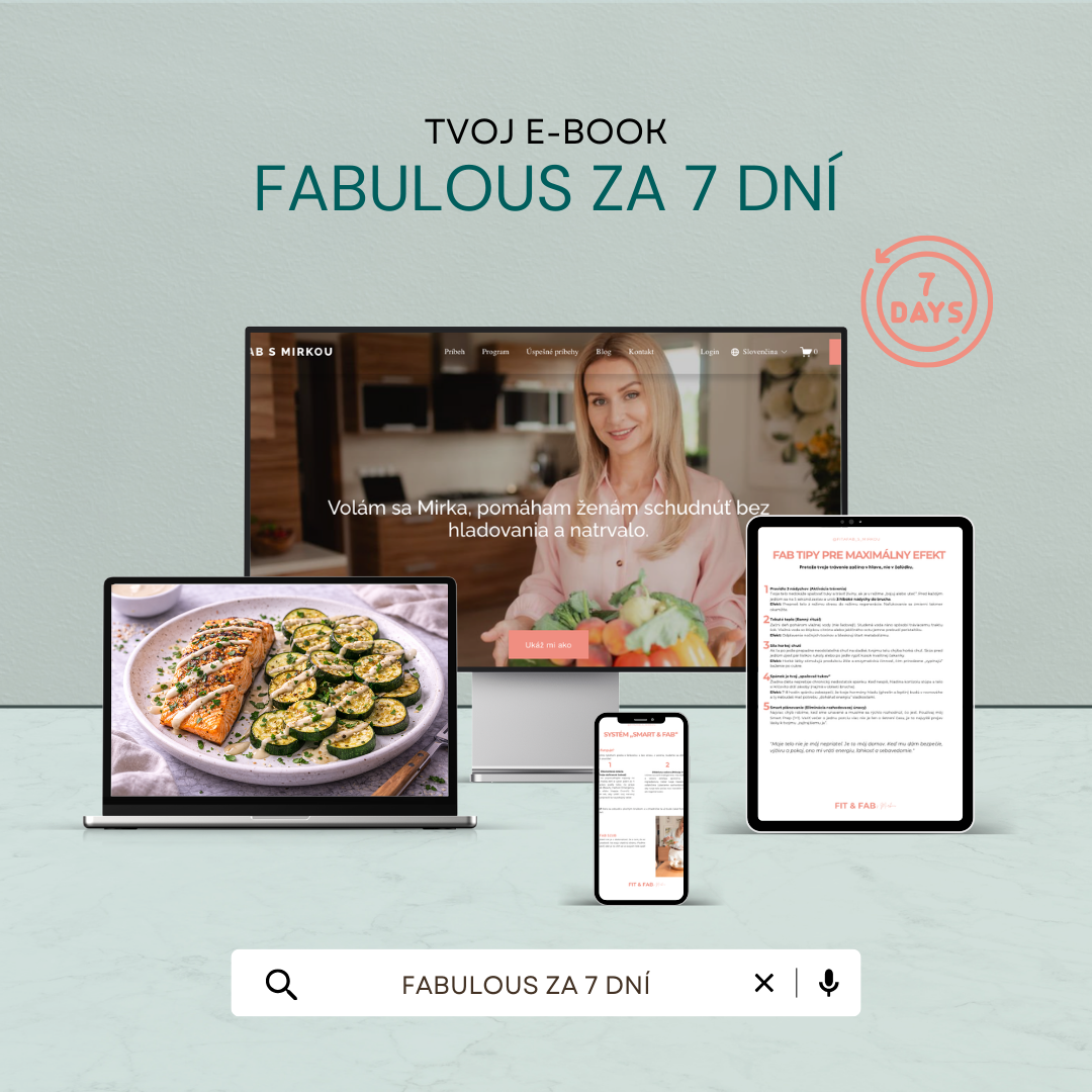 Advertisement for a 7-day e-book program called 'Fabulous za 7 dní' displayed on multiple digital devices, including a monitor, tablet, phone, and laptop, featuring a woman with blonde hair and healthy food.