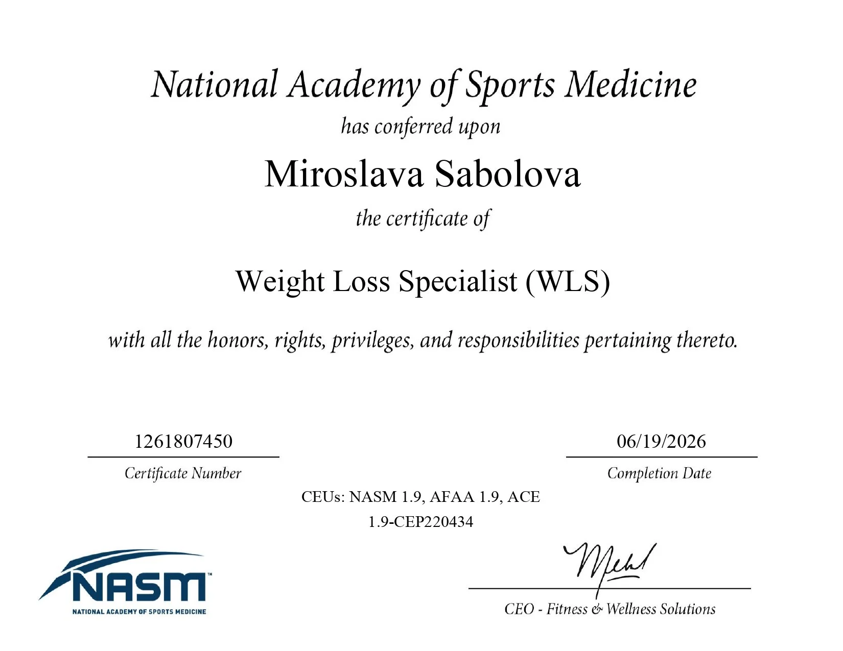 Certificate of recognition awarded to Miroslava Sabolova by the National Academy of Sports Medicine, with the NASM logo at the bottom left corner.