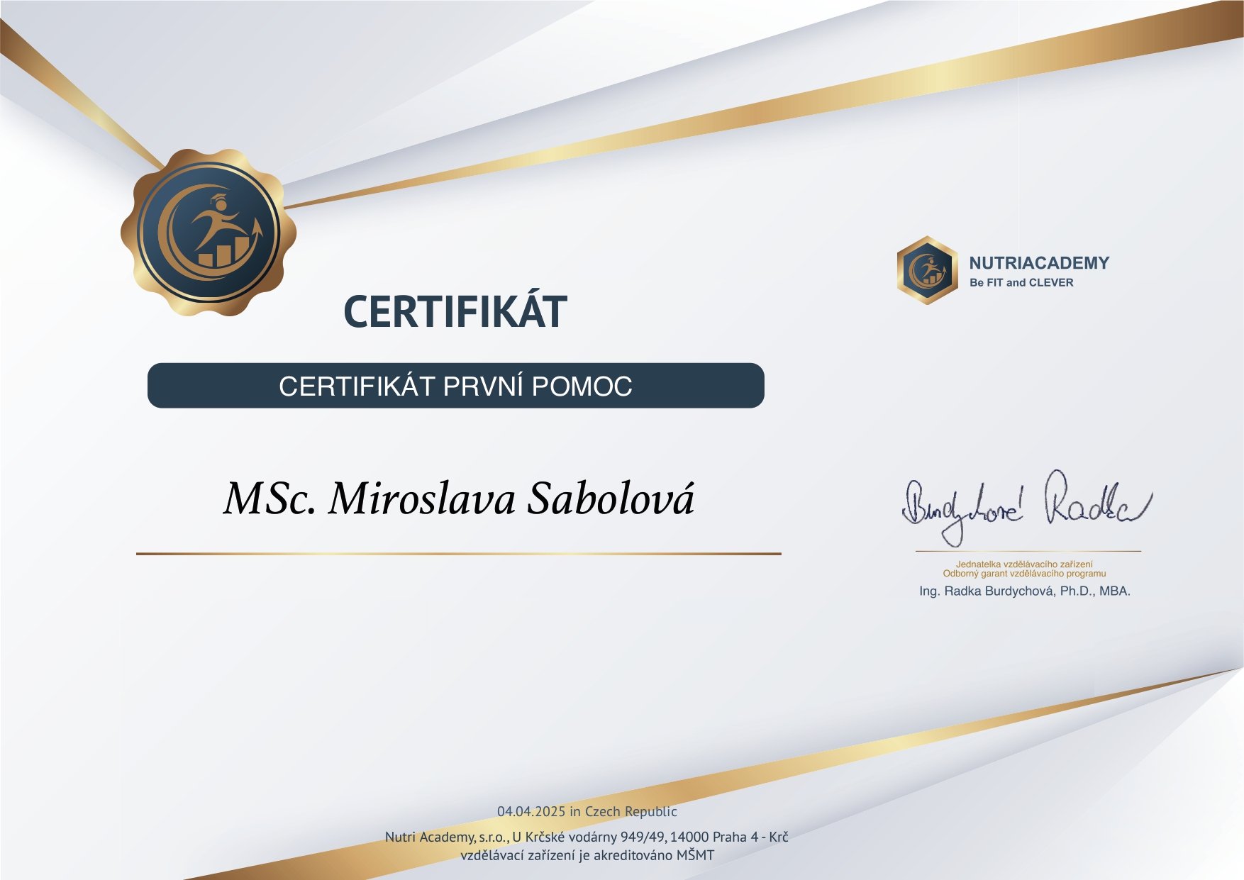 Certificate for first aid training awarded to MSc Miroslava Sabolová from Nutri Academy, with signatures, date April 4, 2025, in Czech Republic