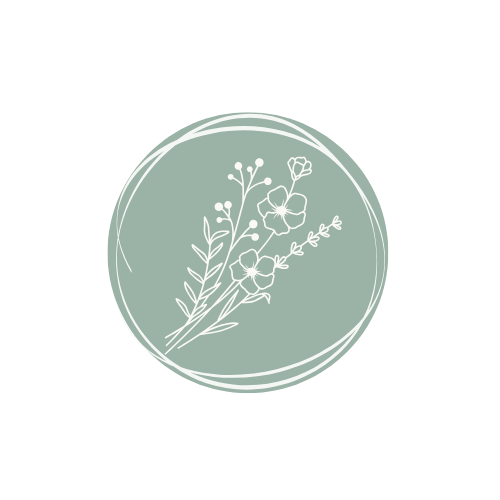 Simple illustration of a bouquet of flowers inside a circular frame, with a soft green background.