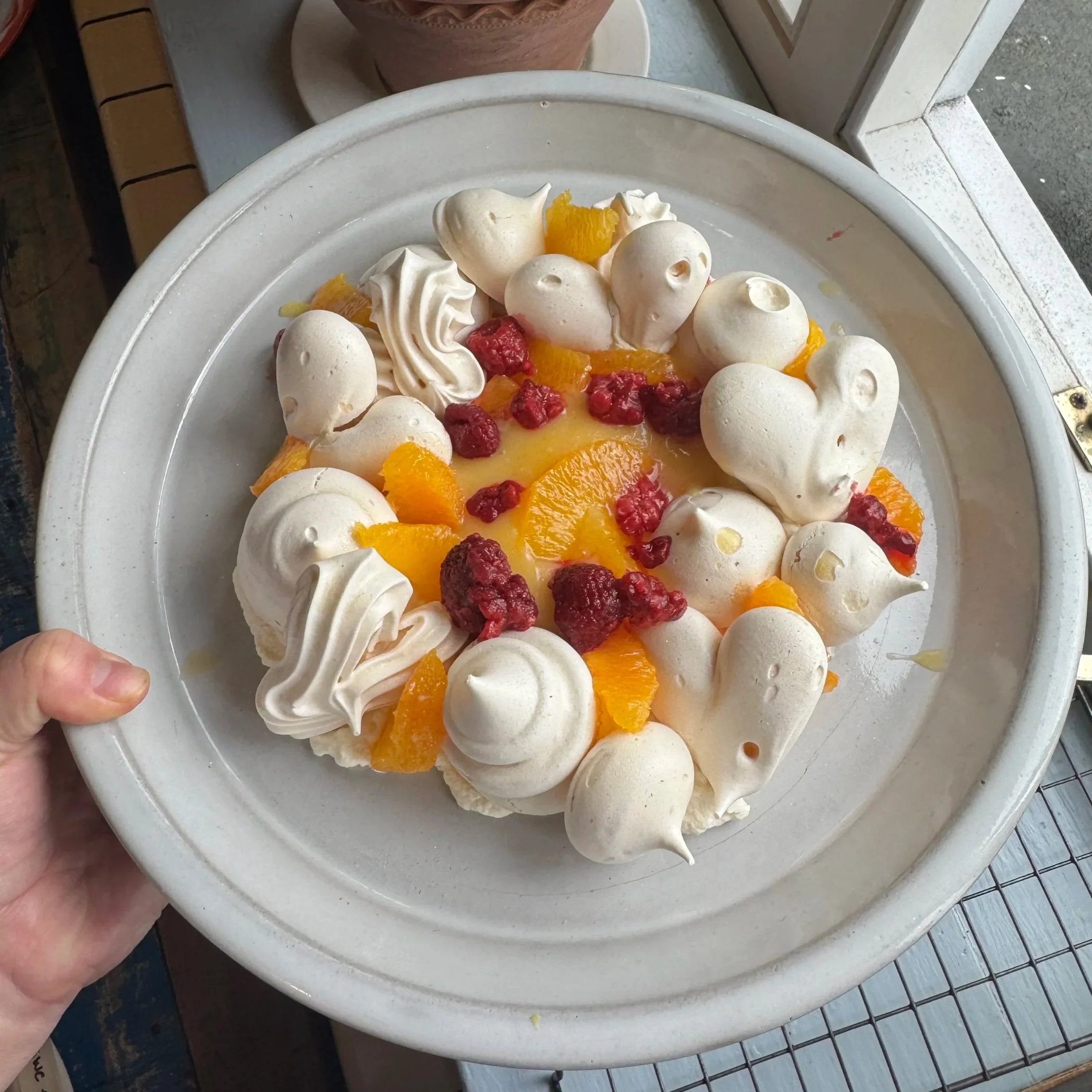 A white plate with various desserts topped with whipped cream, orange slices, and red fruit, being held by a person's hand.