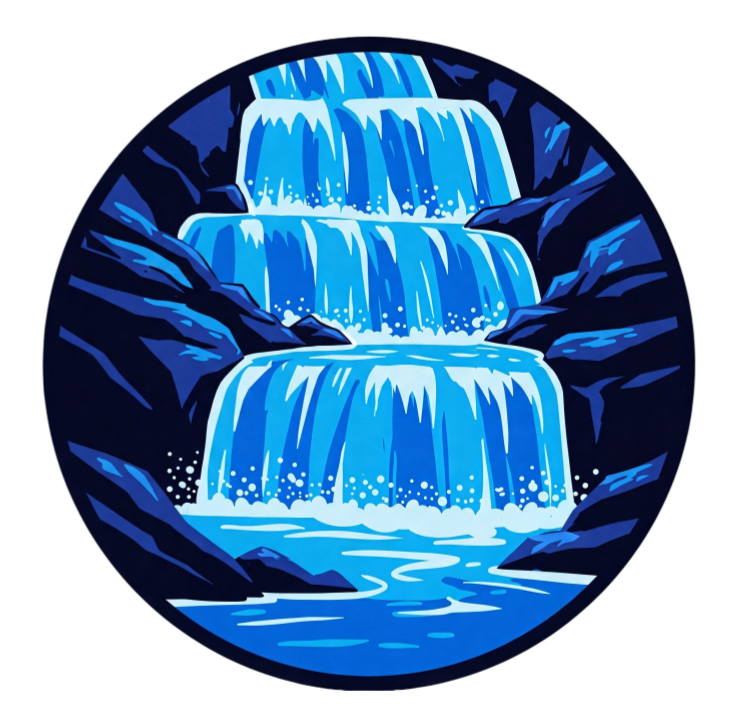 Illustration of a multi-tiered waterfall flowing into a pool, surrounded by dark rocks, in a circular frame.