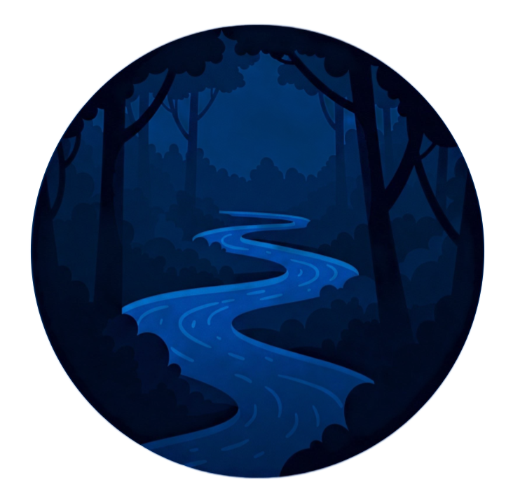 Nighttime illustration of a winding river flowing through a dark forest with tall trees and dense foliage.