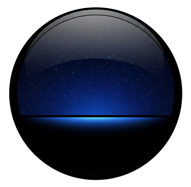 A spherical smart device displaying a starry night sky with a horizon glow.