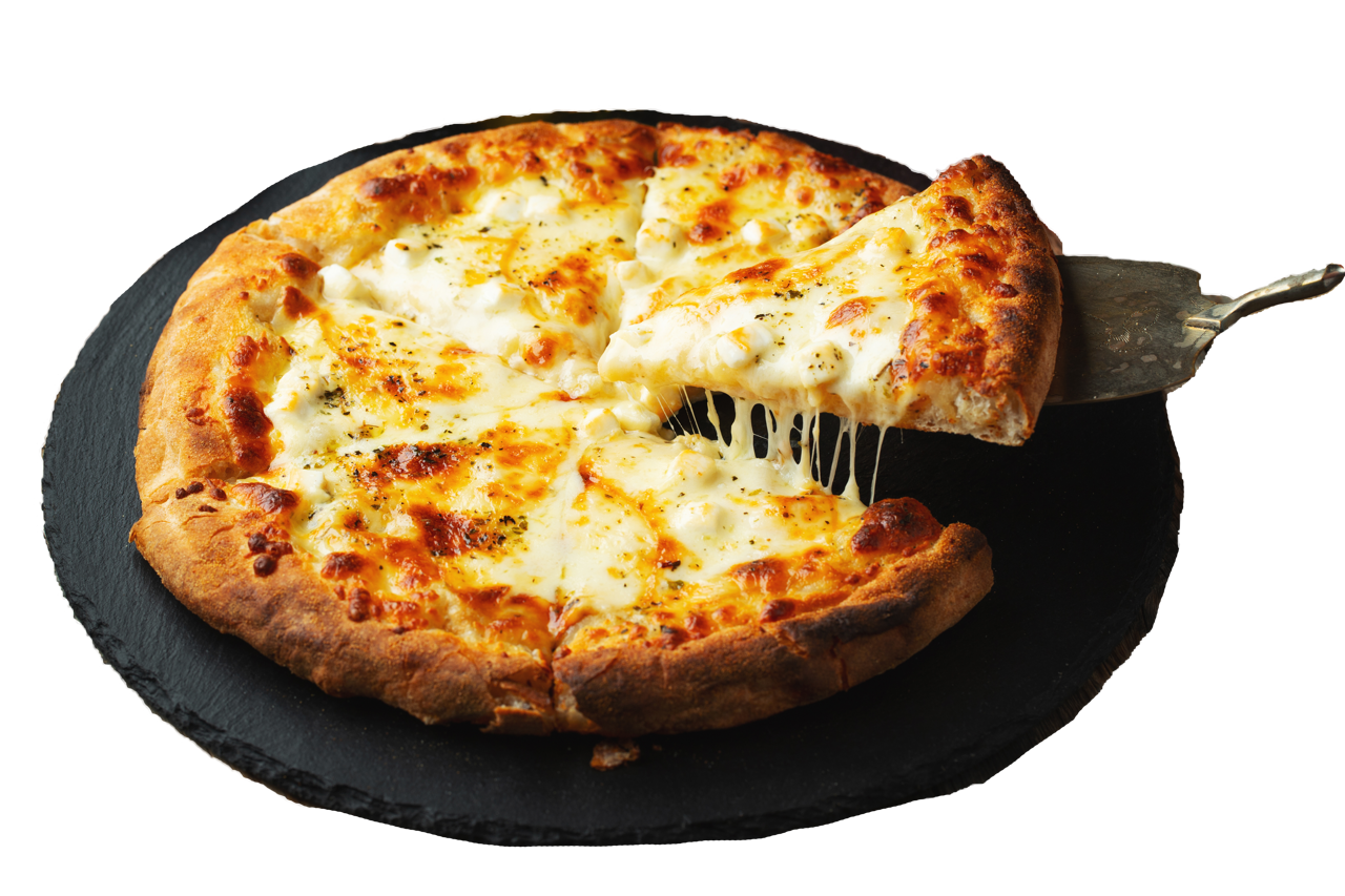 Cheese pizza on a black round serving tray with a slice being lifted by a metal pizza server, cheese stretching from the slice to the pizza.