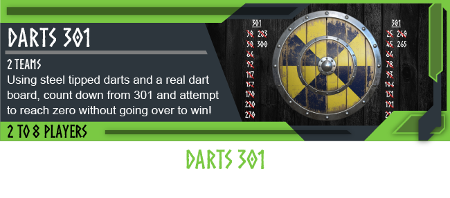 An introduction to Darts 301 game instructions with green and black design and a dartboard target.