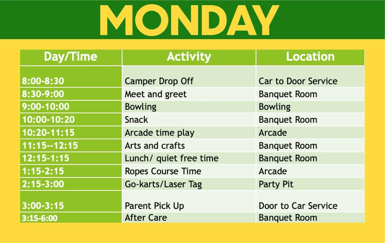 Sample daily schedule for Monday, with activity times, descriptions, and locations, including camper drop off, meet and greet, bowling, snack, arcade play, arts and crafts, lunch, ropes course, go-karts, parent pick up, and after care.
