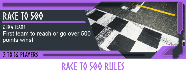 A digital screen showing a racing game with the title 'Race to 500'. The game features two teams competing to reach over 500 points, with the first to do so declared the winner. The screen also indicates a maximum of 16 players.