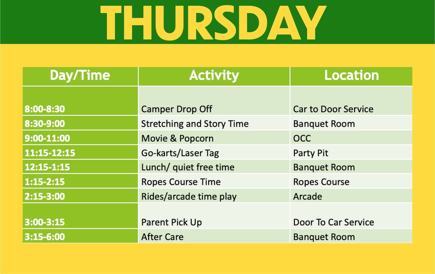 A schedule for Thursday with activities, times, and locations in a children’s camp. Activities include camper drop off, stretching, movie and popcorn, go-karts, lunch, ropes course, rides, parent pickup, and after care, with locations such as car service, banquet room, OCC, party pit, ropes course, arcade, and door to car service.